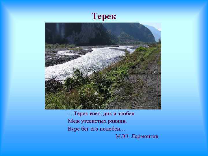 Терек …Терек воет, дик и злобен Меж утесистых равнин, Буре бег его подобен… М.