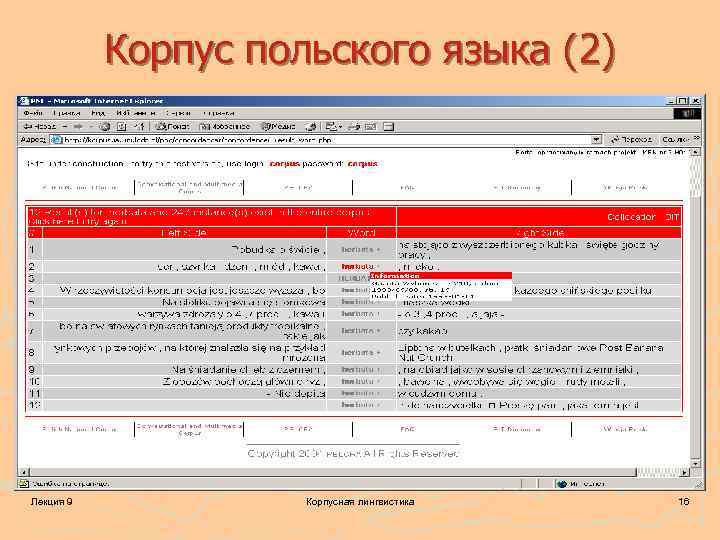 Корпус польского языка (2) Лекция 9 Корпусная лингвистика 16 