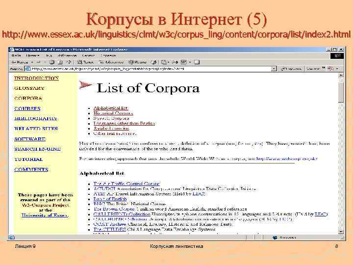 Корпусы в Интернет (5) http: //www. essex. ac. uk/linguistics/clmt/w 3 c/corpus_ling/content/corpora/list/index 2. html Лекция