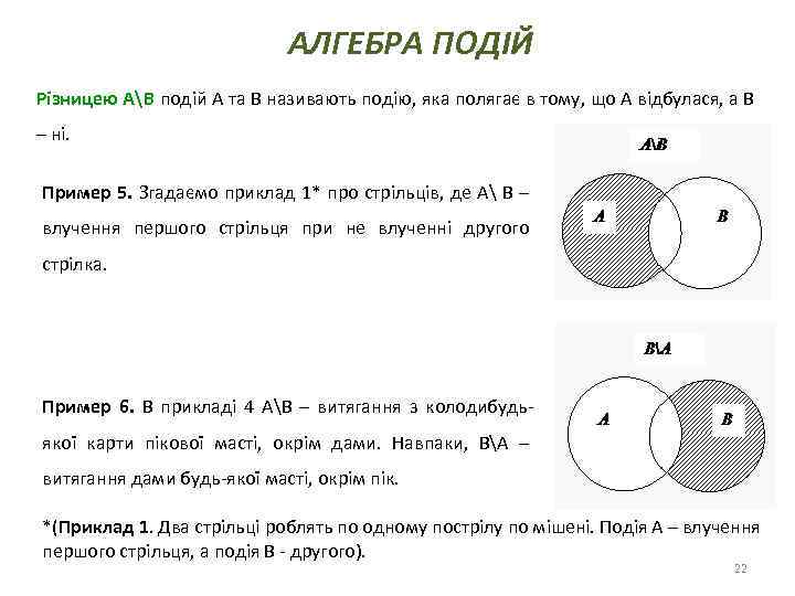 АЛГЕБРА ПОДІЙ Різницею АB подій А та В називають подію, яка полягає в тому,