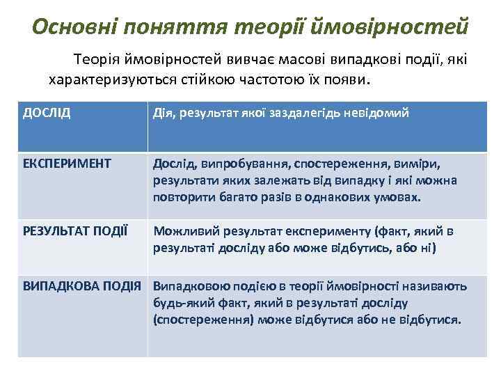 Основні поняття теорії ймовірностей Теорія ймовірностей вивчає масові випадкові події, які характеризуються стійкою частотою