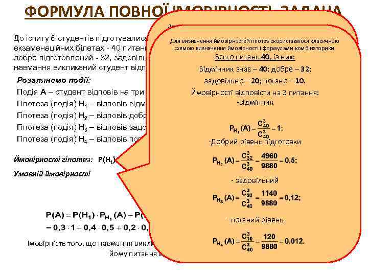 ФОРМУЛА ПОВНОЇ ІМОВІРНОСТІ. ЗАДАЧА Для визначення ймовірностей гіпотез скористаємося класичною схемою визначення ймовірності і