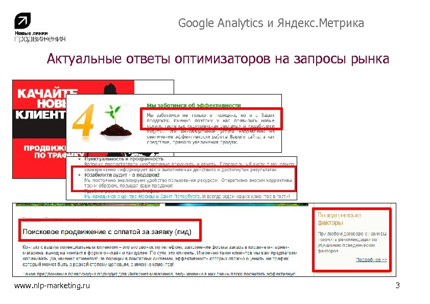 Google Analytics и Яндекс. Метрика Актуальные ответы оптимизаторов на запросы рынка www. nlp-marketing. ru
