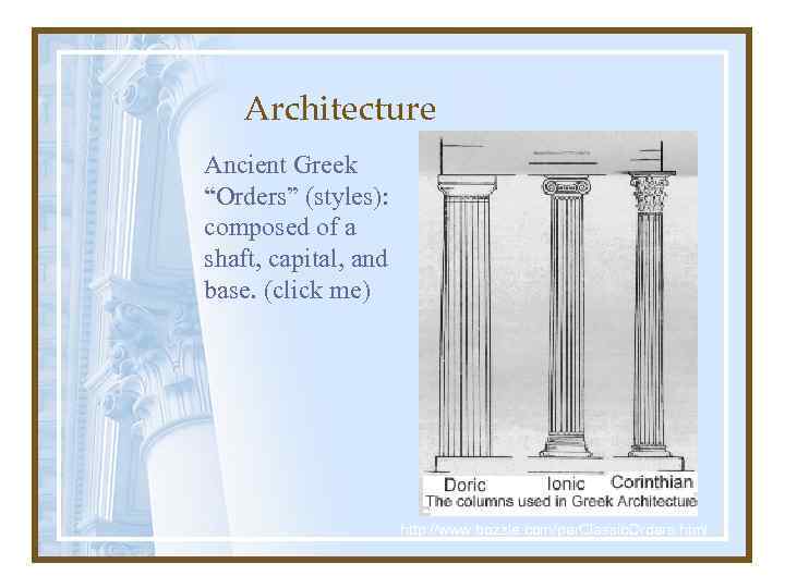 Architecture Ancient Greek “Orders” (styles): composed of a shaft, capital, and base. (click me)