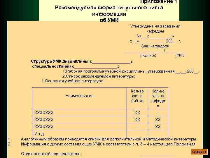 Приложение 1 Рекомендуемая форма титульного листа информации об УМК Утверждена на заседании кафедры №__