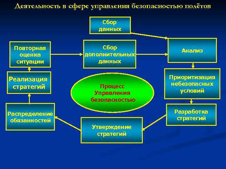 Деятельность в сфере управления безопасностью полётов Сбор данных Повторная оценка ситуации Реализация стратегий Распределение