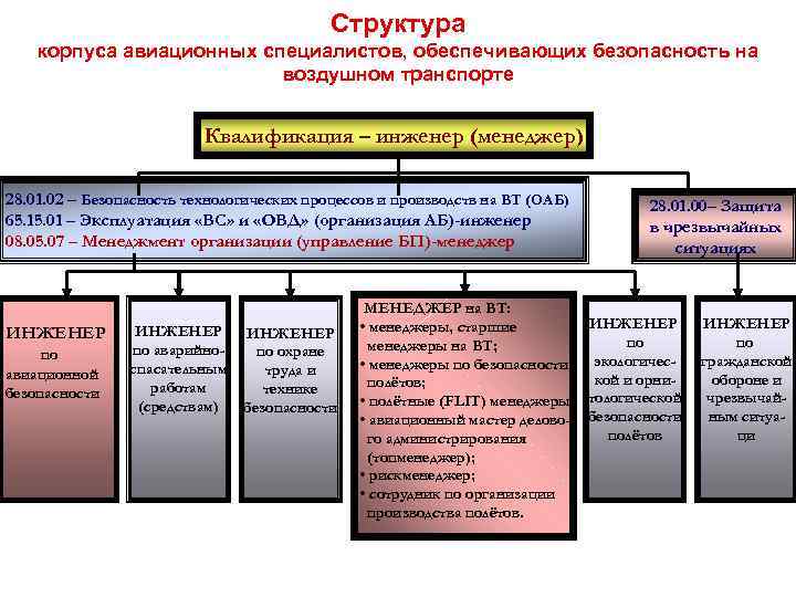 Структура корпуса авиационных специалистов, обеспечивающих безопасность на воздушном транспорте Квалификация – инженер (менеджер) 28.