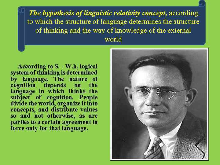 The hypothesis of linguistic relativity concept, according . to which the structure of language