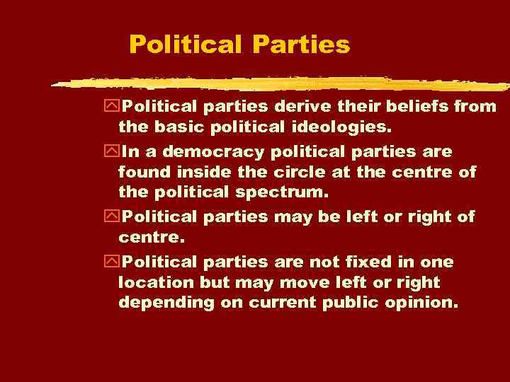 Political Parties Political parties derive their beliefs from the basic political ideologies. In a