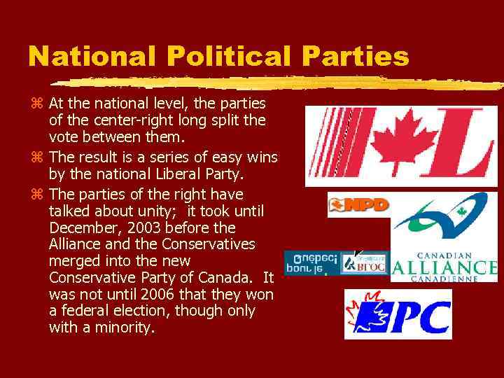 National Political Parties At the national level, the parties of the center-right long split