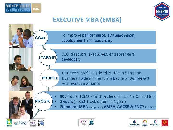 EXECUTIVE MBA (EMBA) GOAL TARGET To improve performance, strategic vision, development and leadership .