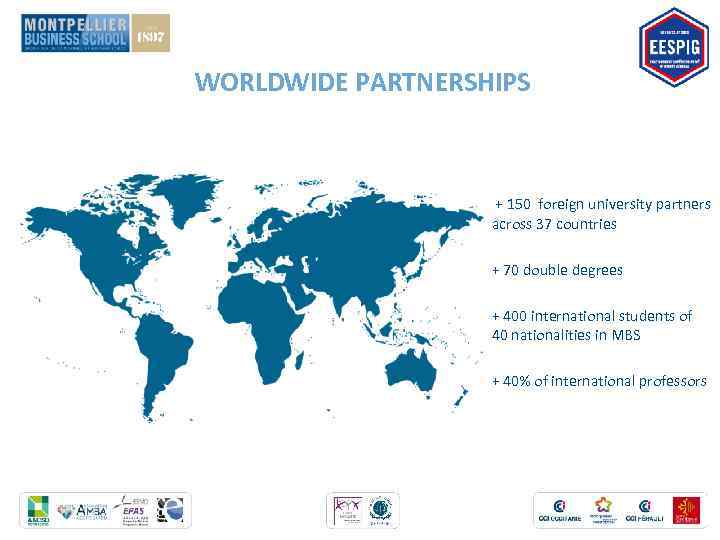 WORLDWIDE PARTNERSHIPS + 150 foreign university partners across 37 countries + 70 double degrees