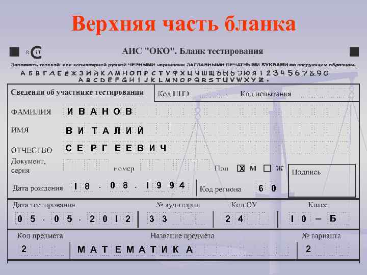 Верхняя часть бланка И В А Н О В В И Т А Л