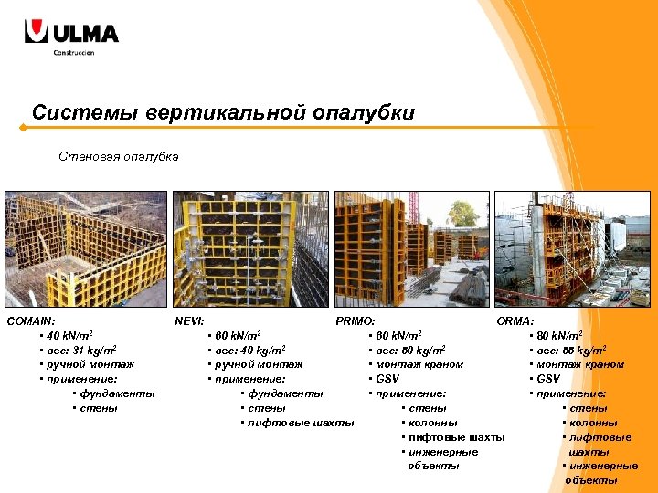 Системы вертикальной опалубки Стеновая опалубка COMAIN: • 40 k. N/m 2 • вес: 31