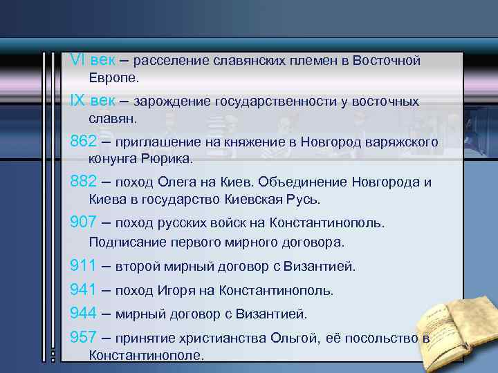 VI век – расселение славянских племен в Восточной Европе. IX век – зарождение государственности