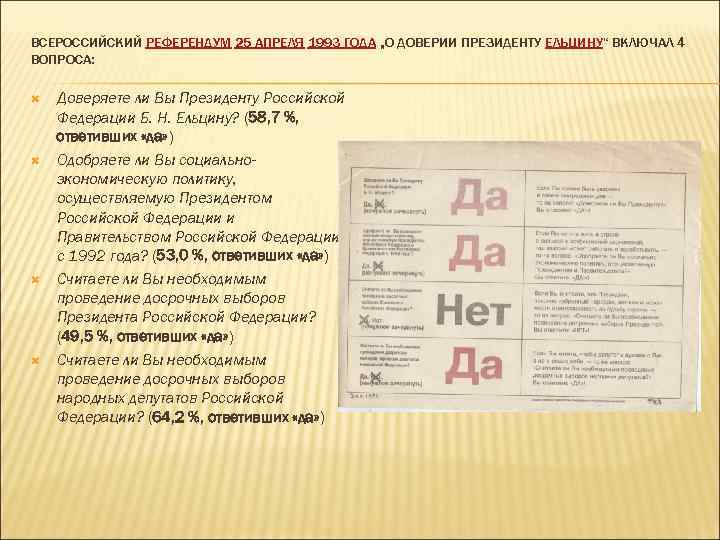 ВСЕРОССИЙСКИЙ РЕФЕРЕНДУМ 25 АПРЕЛЯ 1993 ГОДА „О ДОВЕРИИ ПРЕЗИДЕНТУ ЕЛЬЦИНУ“ ВКЛЮЧАЛ 4 ВОПРОСА: Доверяете