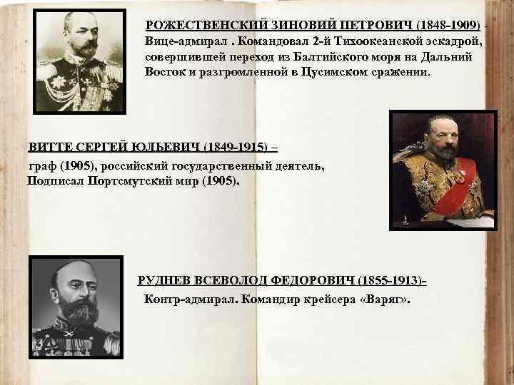 РОЖЕСТВЕНСКИЙ ЗИНОВИЙ ПЕТРОВИЧ (1848 -1909) Вице-адмирал. Командовал 2 -й Тихоокеанской эскадрой, совершившей переход из