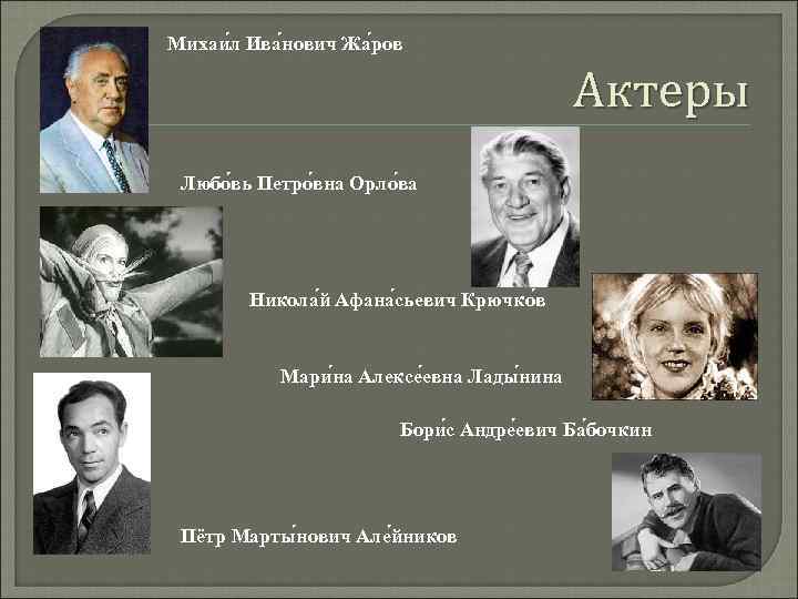 Михаи л Ива нович Жа ров Актеры Любо вь Петро вна Орло ва Никола