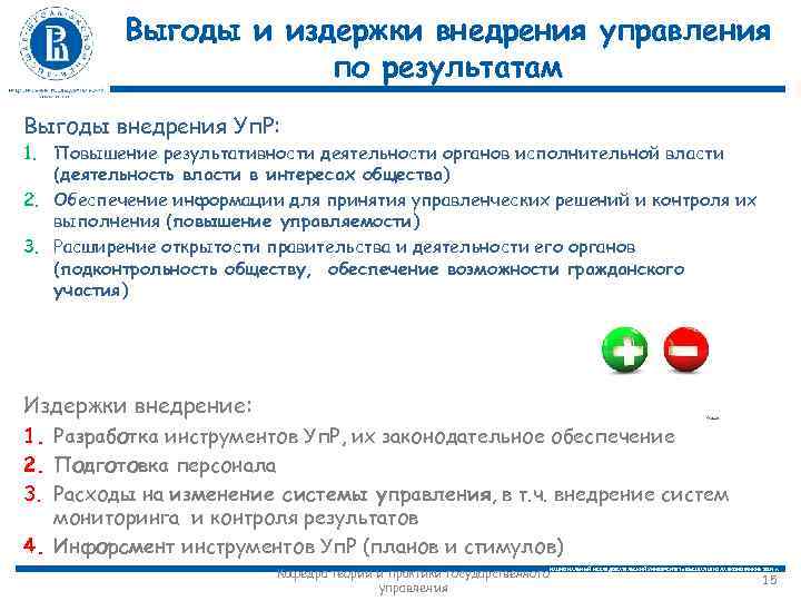 Выгоды и издержки внедрения управления по результатам Выгоды внедрения Уп. Р: 1. Повышение результативности