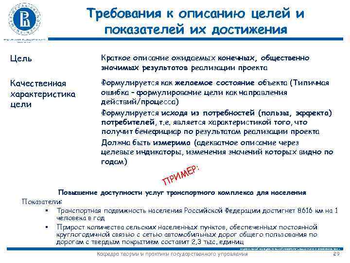 Требования к описанию целей и показателей их достижения Цель Краткое описание ожидаемых конечных, общественно