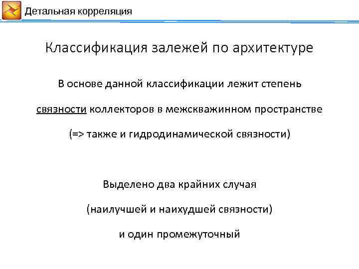 Детальная корреляция Классификация залежей по архитектуре В основе данной классификации лежит степень связности коллекторов