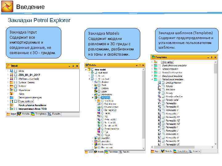 Введение Закладки Petrel Explorer Закладка Input Содержит все импортируемые и созданные, не связанные с