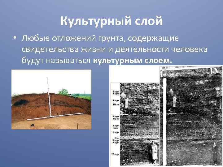 Культурный слой • Любые отложений грунта, содержащие свидетельства жизни и деятельности человека будут называться