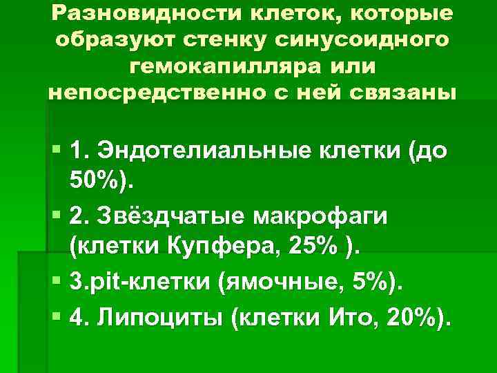Разновидности клеток, которые образуют стенку синусоидного гемокапилляра или непосредственно с ней связаны § 1.