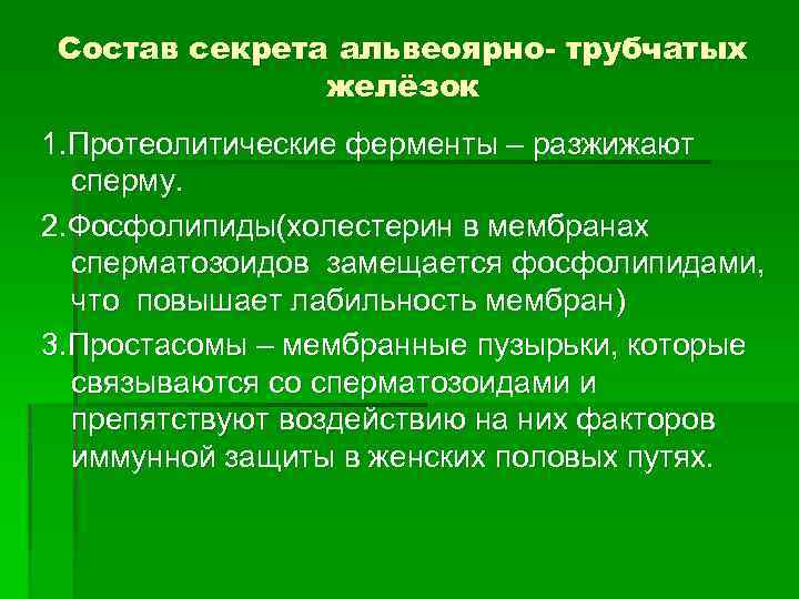 Состав секрета альвеоярно- трубчатых желёзок 1. Протеолитические ферменты – разжижают сперму. 2. Фосфолипиды(холестерин в