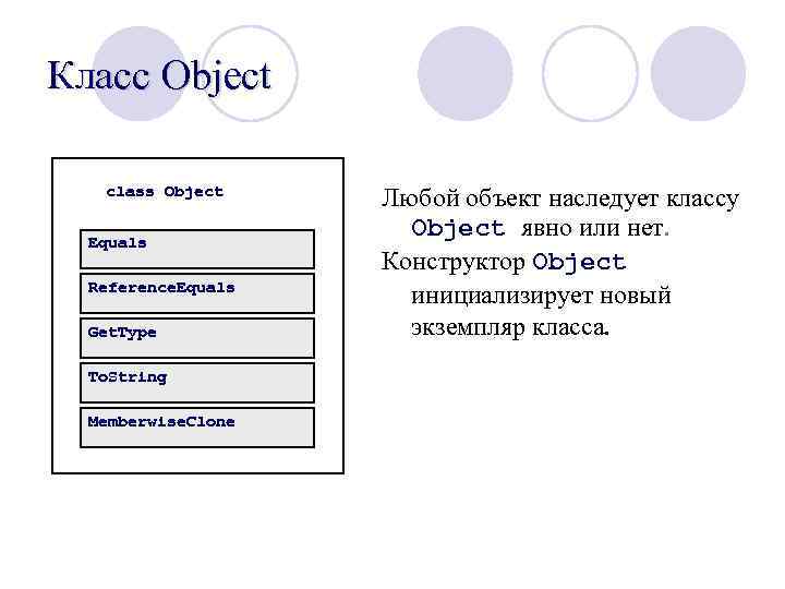 Класс Object class Object Equals Reference. Equals Get. Type To. String Memberwise. Clone Любой