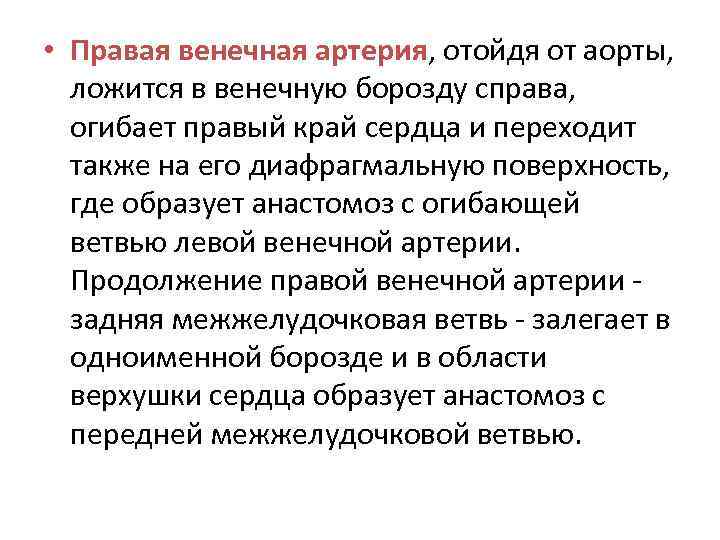  • Правая венечная артерия, отойдя от аорты, ложится в венечную борозду справа, огибает