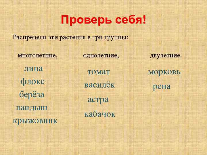 Проверь себя! Распредели эти растения в три группы: многолетние, липа флокс берёза ландыш крыжовник