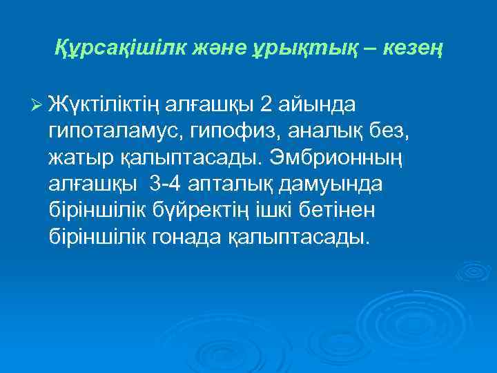 Құрсақішілк және ұрықтық – кезең Ø Жүктіліктің алғашқы 2 айында гипоталамус, гипофиз, аналық без,