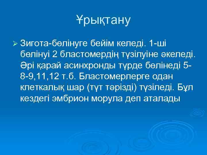Ұрықтану Ø Зигота-бөлінуге бейім келеді. 1 -ші бөлінуі 2 бластомердің түзілуіне әкеледі. Әрі қарай