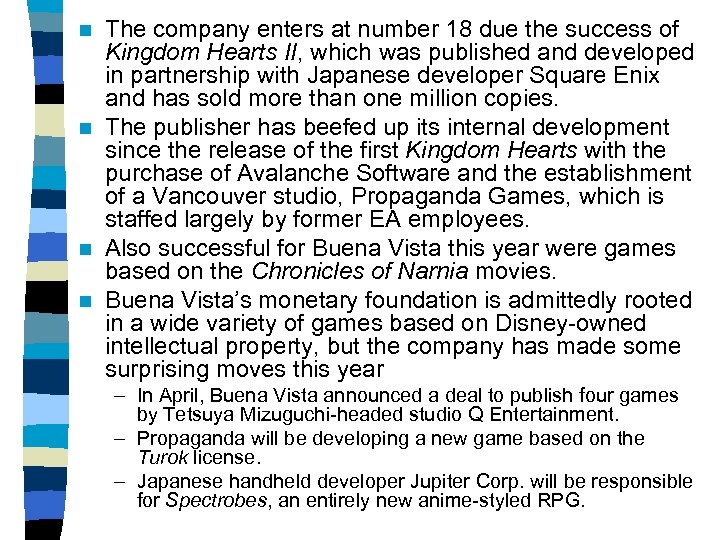 The company enters at number 18 due the success of Kingdom Hearts II, which