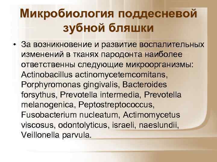 Микробиология поддесневой зубной бляшки • За возникновение и развитие воспалительных изменений в тканях пародонта