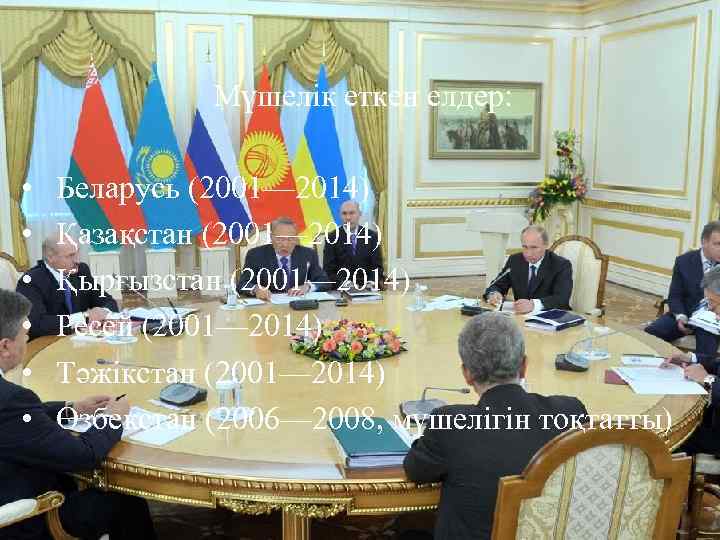 Мүшелік еткен елдер: • • • Беларусь (2001— 2014) Қазақстан (2001— 2014) Қырғызстан (2001—