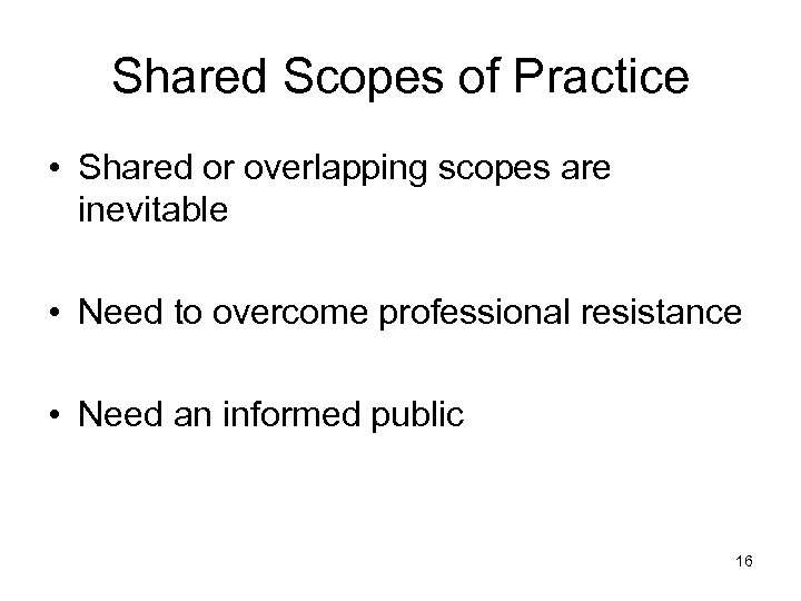 Shared Scopes of Practice • Shared or overlapping scopes are inevitable • Need to