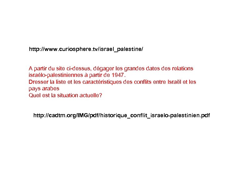 http: //www. curiosphere. tv/israel_palestine/ A partir du site ci-dessus, dégager les grandes dates des