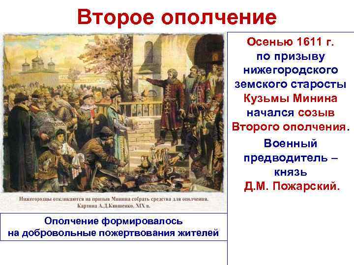 Второе ополчение Осенью 1611 г. по призыву нижегородского земского старосты Кузьмы Минина начался созыв