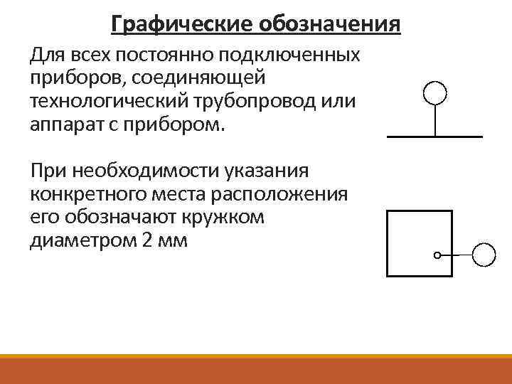 Графические обозначения Для всех постоянно подключенных приборов, соединяющей технологический трубопровод или аппарат с прибором.