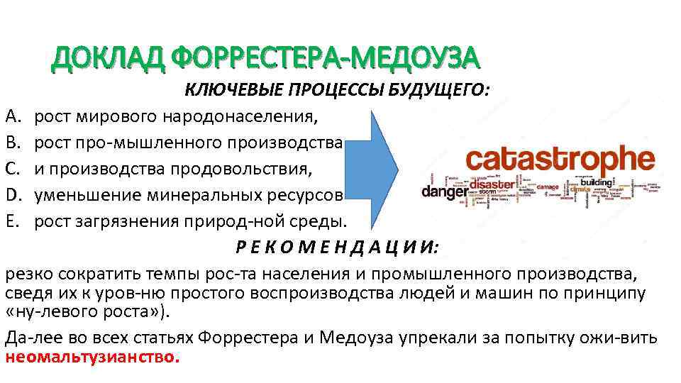 ДОКЛАД ФОРРЕСТЕРА-МЕДОУЗА КЛЮЧЕВЫЕ ПРОЦЕССЫ БУДУЩЕГО: A. рост мирового народонаселения, B. рост про мышленного производства