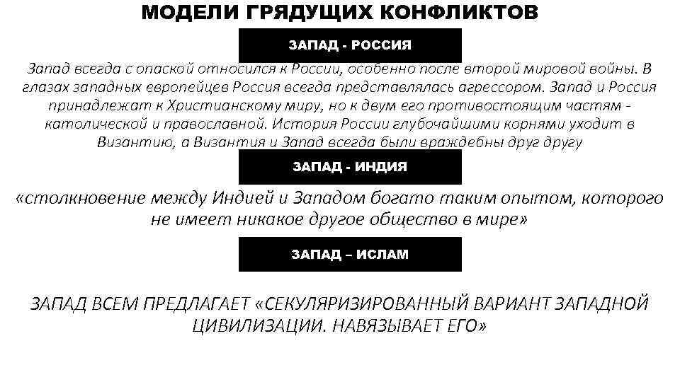 МОДЕЛИ ГРЯДУЩИХ КОНФЛИКТОВ ЗАПАД - РОССИЯ Запад всегда с опаской относился к России, особенно