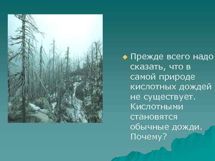 u Прежде всего надо сказать, что в самой природе кислотных дождей не существует. Кислотными