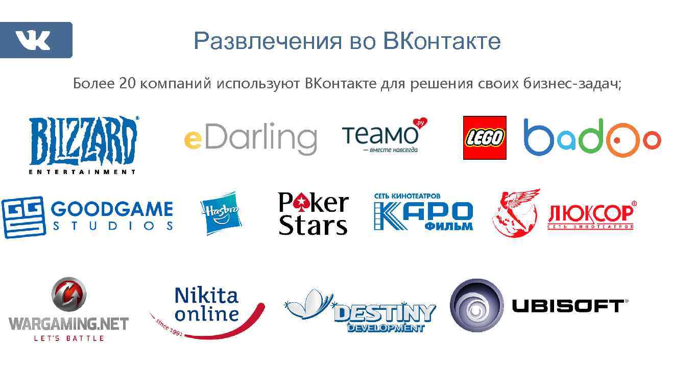 Развлечения во ВКонтакте Более 20 компаний используют ВКонтакте для решения своих бизнес-задач; 