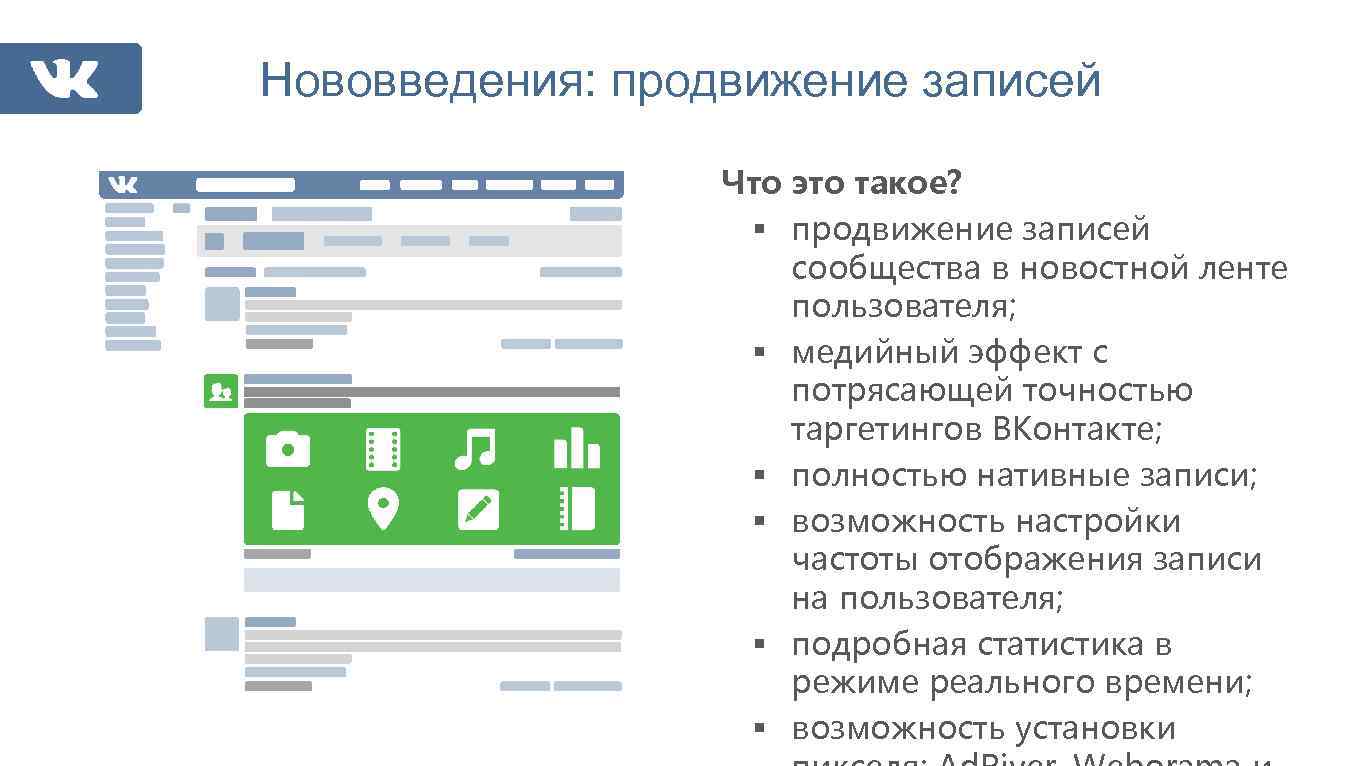 Нововведения: продвижение записей Что это такое? § продвижение записей сообщества в новостной ленте пользователя;