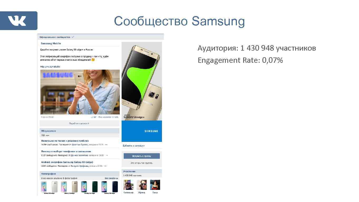 Сообщество Samsung Аудитория: 1 430 948 участников Engagement Rate: 0, 07% 