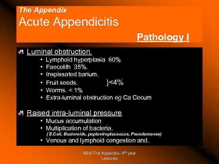 The Appendix Acute Appendicitis Pathology I Luminal obstruction. • • • Lymphoid hyperplasia 60%