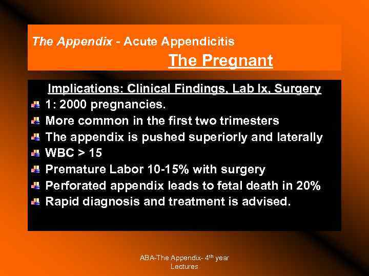 The Appendix - Acute Appendicitis The Pregnant Implications: Clinical Findings, Lab Ix, Surgery 1: