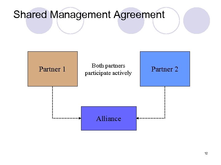 Shared Management Agreement Partner 1 Both partners participate actively Partner 2 Alliance 12 